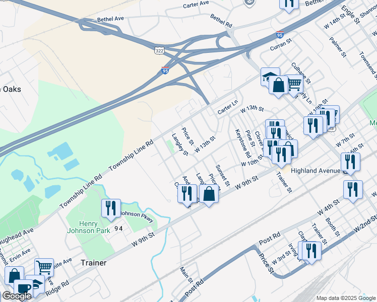 map of restaurants, bars, coffee shops, grocery stores, and more near 1313 Langley Street in Marcus Hook