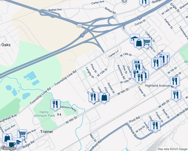 map of restaurants, bars, coffee shops, grocery stores, and more near 1313 Langley Street in Marcus Hook