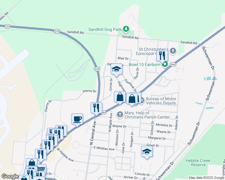 map of restaurants, bars, coffee shops, grocery stores, and more near 108 Circle Drive in Fairborn