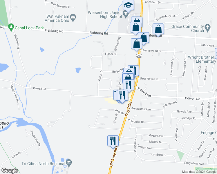map of restaurants, bars, coffee shops, grocery stores, and more near 4545 Wayne Meadows Circle in Huber Heights