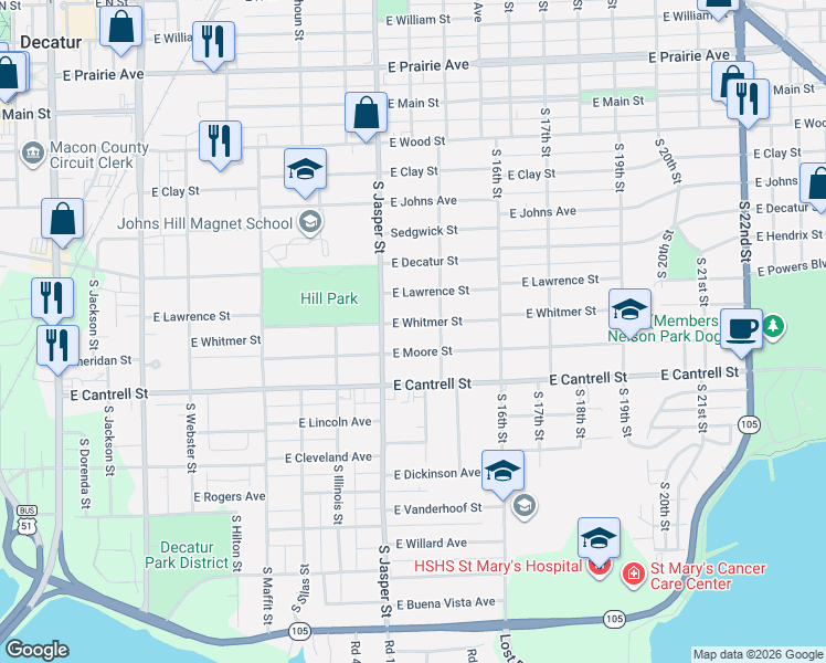 map of restaurants, bars, coffee shops, grocery stores, and more near 1236 East Whitmer Street in Decatur