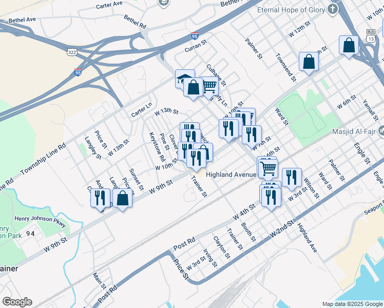 map of restaurants, bars, coffee shops, grocery stores, and more near 924 Booth Street in Chester
