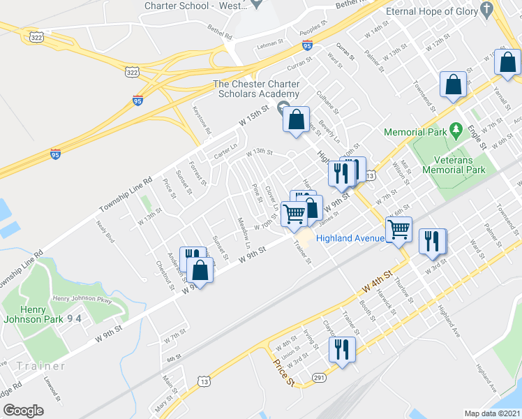 map of restaurants, bars, coffee shops, grocery stores, and more near 1124 Pine Lane in Chester