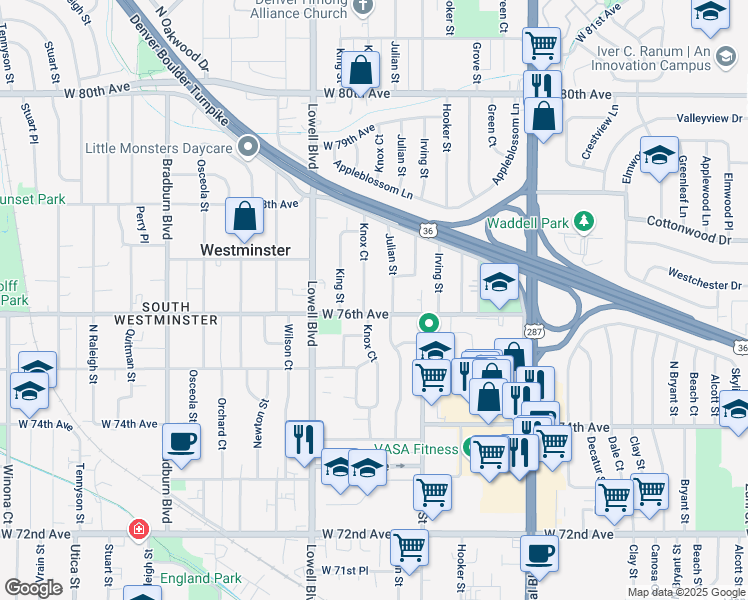 map of restaurants, bars, coffee shops, grocery stores, and more near 7650 Knox Court in Westminster