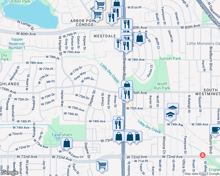 map of restaurants, bars, coffee shops, grocery stores, and more near 5423 West 76th Avenue in Arvada