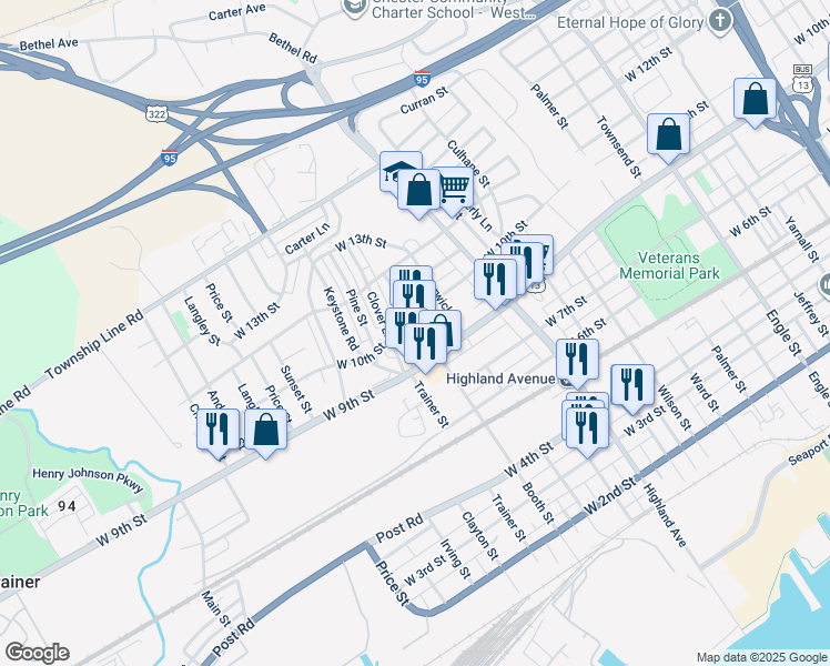 map of restaurants, bars, coffee shops, grocery stores, and more near 1000 Booth Street in Chester