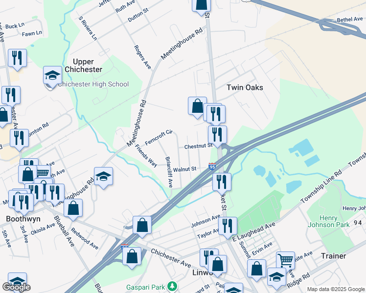map of restaurants, bars, coffee shops, grocery stores, and more near 2310 Wharton Avenue in Boothwyn