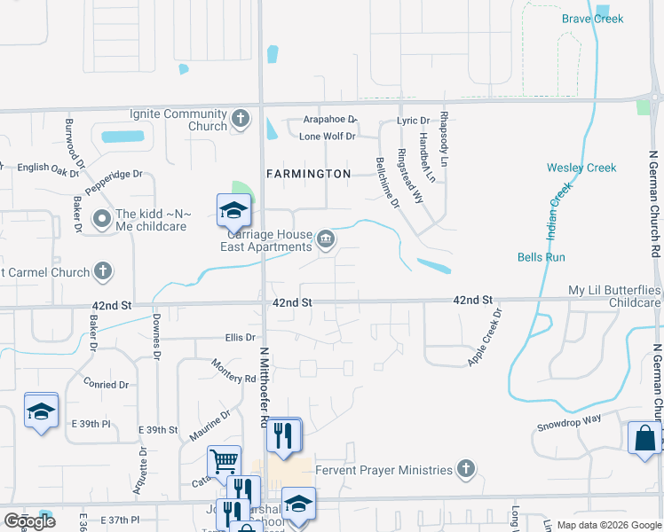 map of restaurants, bars, coffee shops, grocery stores, and more near 10207 Aristocrat North Drive in Indianapolis