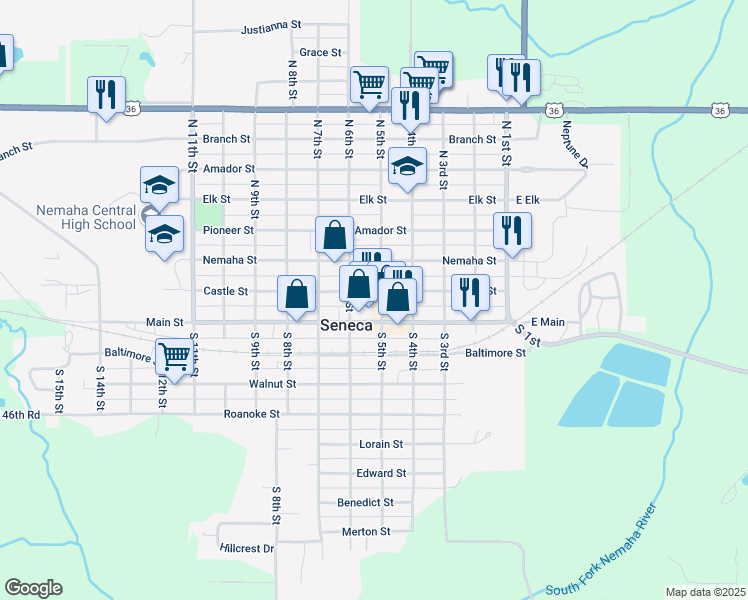 map of restaurants, bars, coffee shops, grocery stores, and more near 599 Castle Street in Seneca