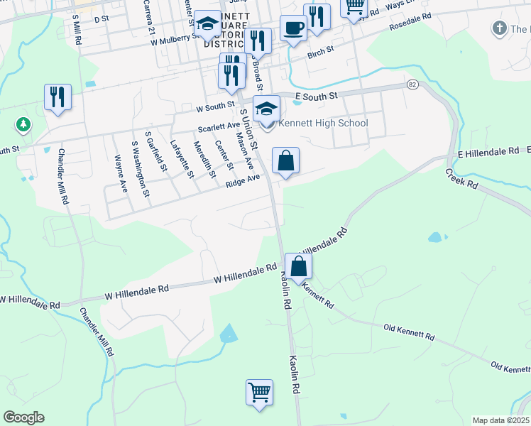 map of restaurants, bars, coffee shops, grocery stores, and more near 1005 James Walter Way in Kennett Square
