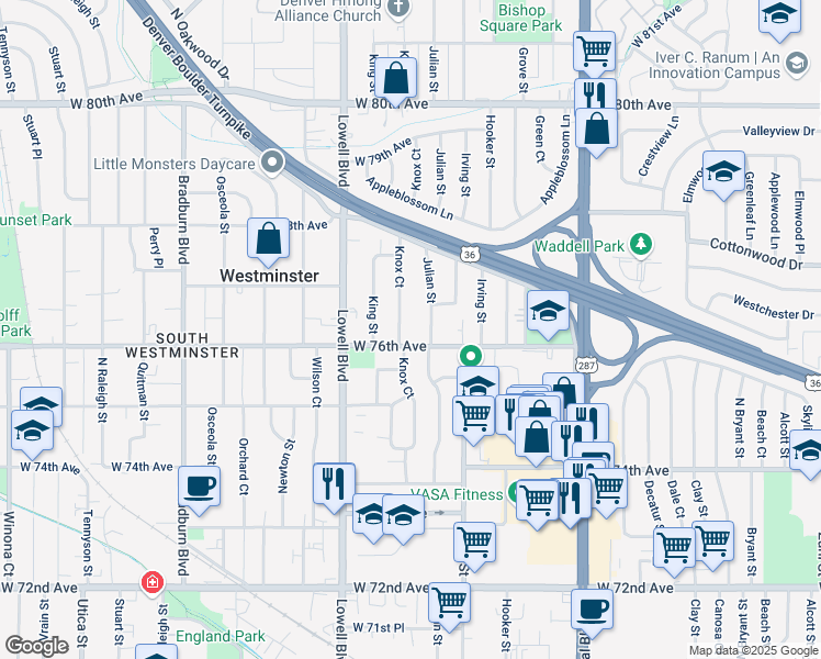 map of restaurants, bars, coffee shops, grocery stores, and more near 7650 Knox Court in Westminster