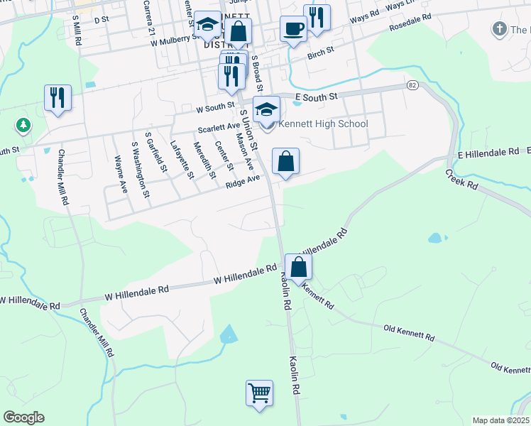 map of restaurants, bars, coffee shops, grocery stores, and more near 1005 James Walter Way in Kennett Square