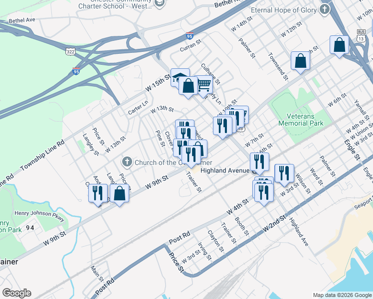 map of restaurants, bars, coffee shops, grocery stores, and more near 1000 Booth Street in Chester
