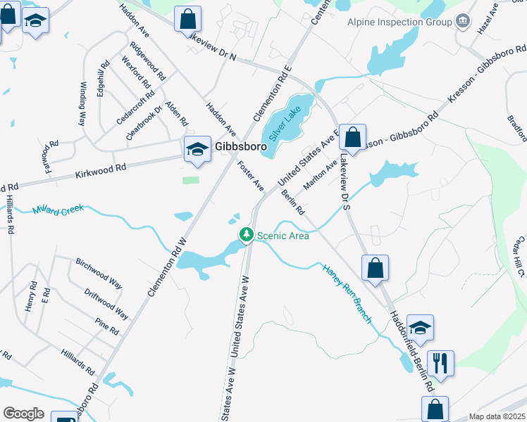 map of restaurants, bars, coffee shops, grocery stores, and more near 19 United States Avenue West in Gibbsboro