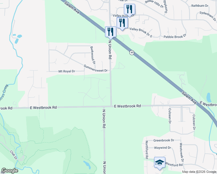 map of restaurants, bars, coffee shops, grocery stores, and more near 6155 North Union Road in Clayton