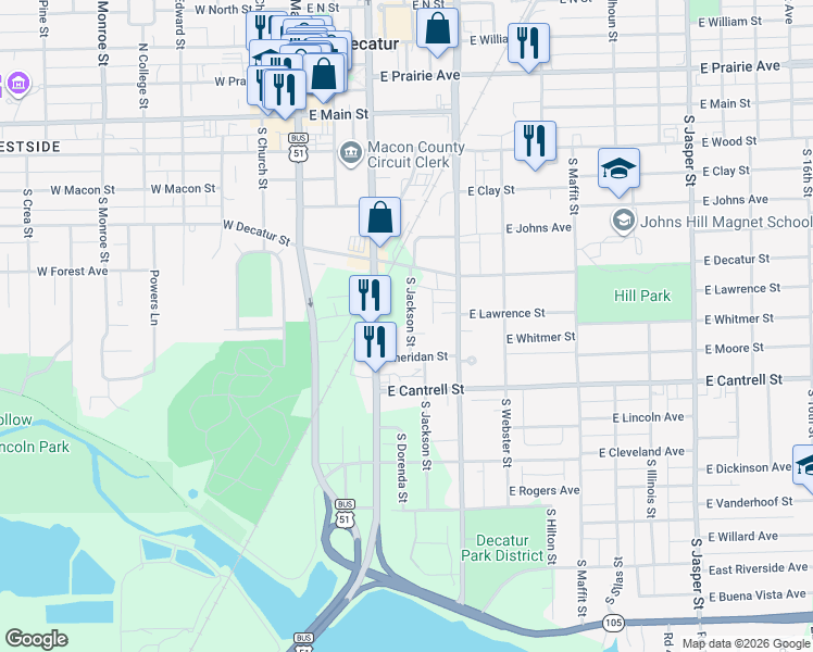 map of restaurants, bars, coffee shops, grocery stores, and more near 612 South Jackson Street in Decatur