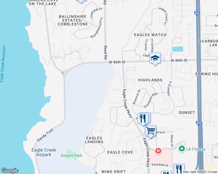 map of restaurants, bars, coffee shops, grocery stores, and more near 4480 Village Parkway Circle West in Indianapolis