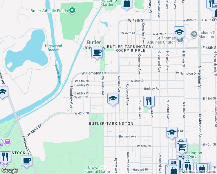 map of restaurants, bars, coffee shops, grocery stores, and more near 641 West 44th Street in Indianapolis