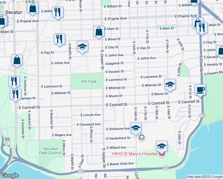 map of restaurants, bars, coffee shops, grocery stores, and more near 1303 East Whitmer Street in Decatur
