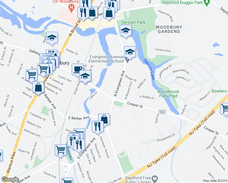 map of restaurants, bars, coffee shops, grocery stores, and more near 25 North Evergreen Avenue in Woodbury