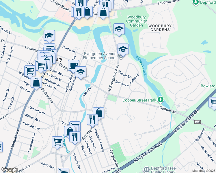map of restaurants, bars, coffee shops, grocery stores, and more near 25 North Evergreen Avenue in Woodbury