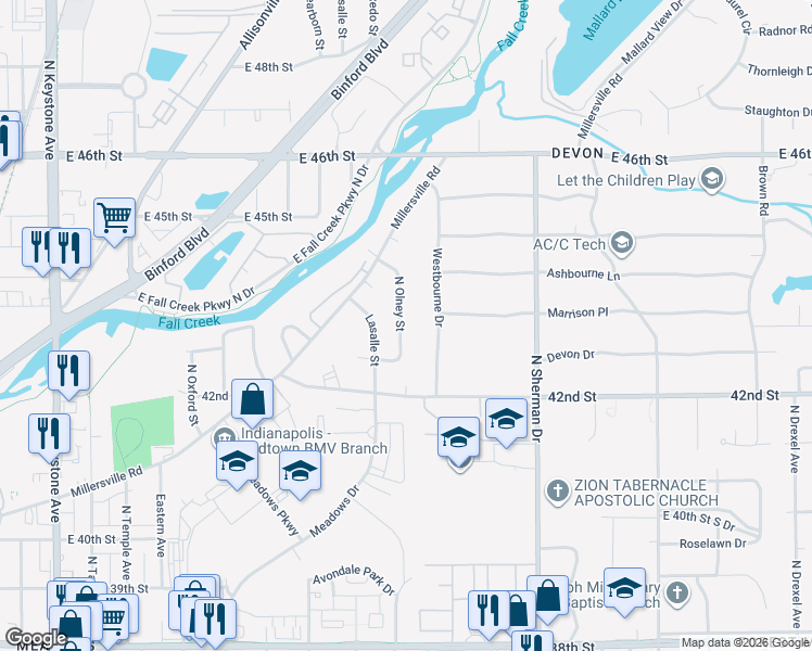 map of restaurants, bars, coffee shops, grocery stores, and more near 4347 North Olney Street in Indianapolis