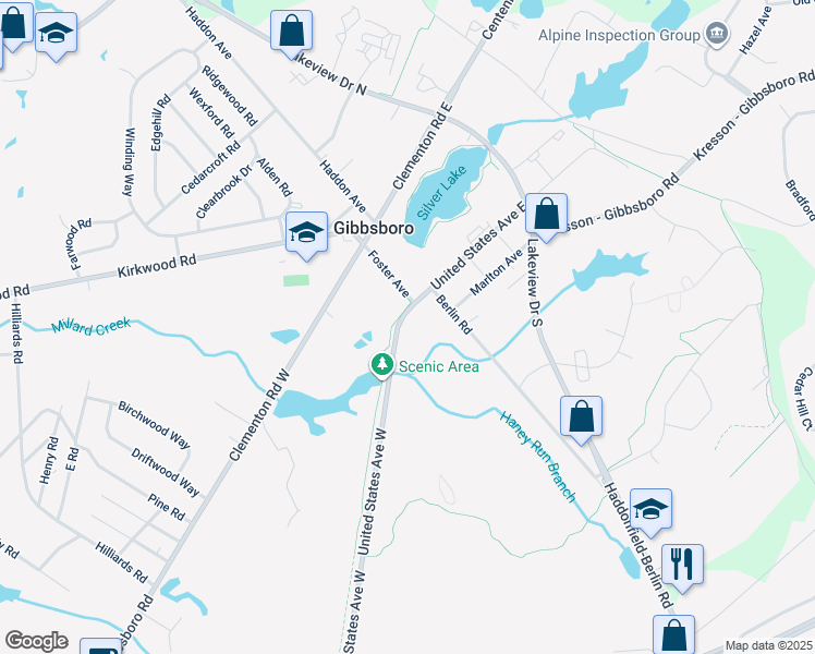 map of restaurants, bars, coffee shops, grocery stores, and more near 19 United States Avenue West in Gibbsboro