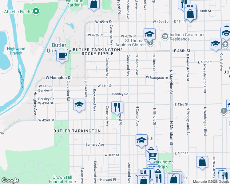map of restaurants, bars, coffee shops, grocery stores, and more near 305 West 44th Street in Indianapolis