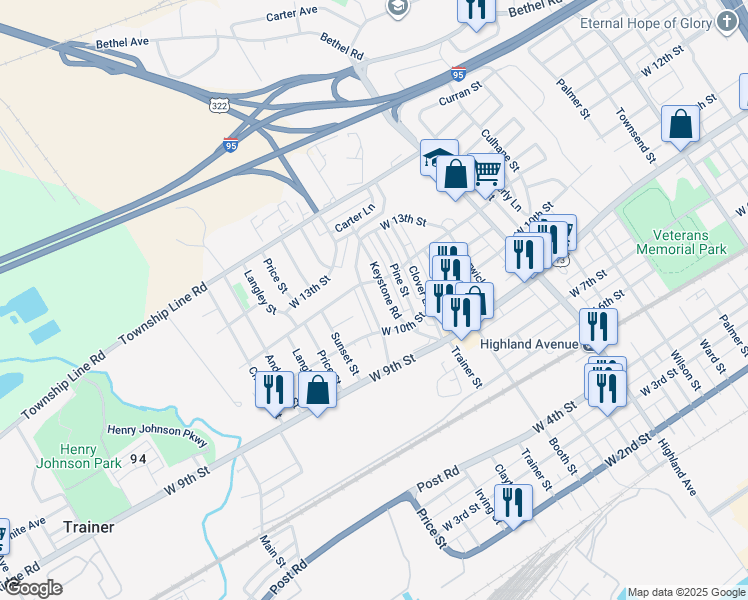 map of restaurants, bars, coffee shops, grocery stores, and more near 1133 Meadow Lane in Chester