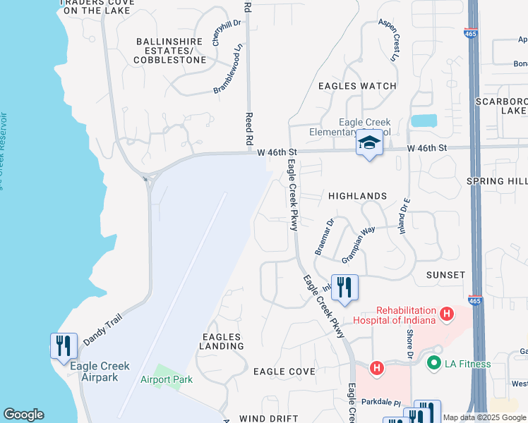 map of restaurants, bars, coffee shops, grocery stores, and more near 4341 Village Parkway Circle West in Indianapolis