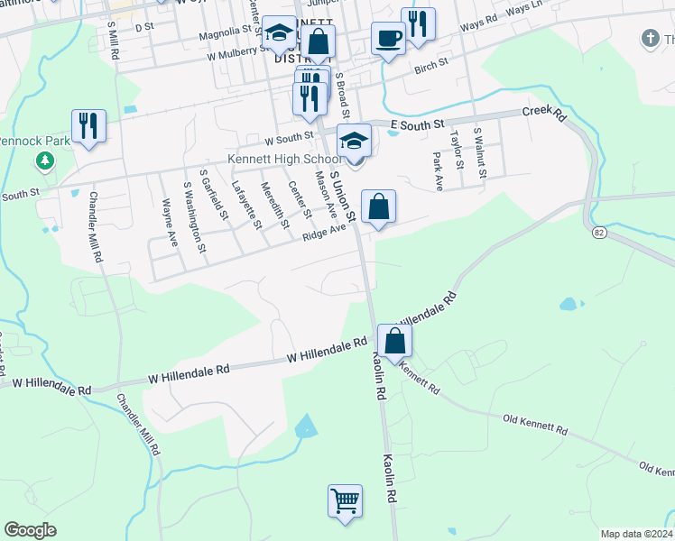 map of restaurants, bars, coffee shops, grocery stores, and more near 1017 James Walter Way in Kennett Square