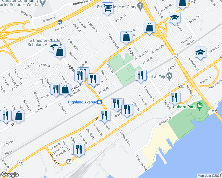map of restaurants, bars, coffee shops, grocery stores, and more near 2610 West 6th Street in Chester