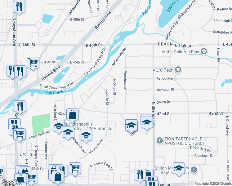 map of restaurants, bars, coffee shops, grocery stores, and more near 4347 North Olney Street in Indianapolis
