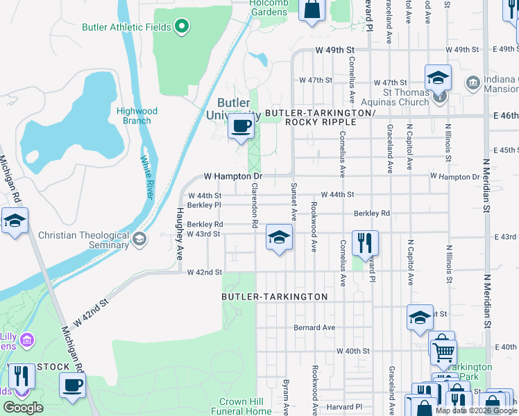 map of restaurants, bars, coffee shops, grocery stores, and more near 641 West 44th Street in Indianapolis
