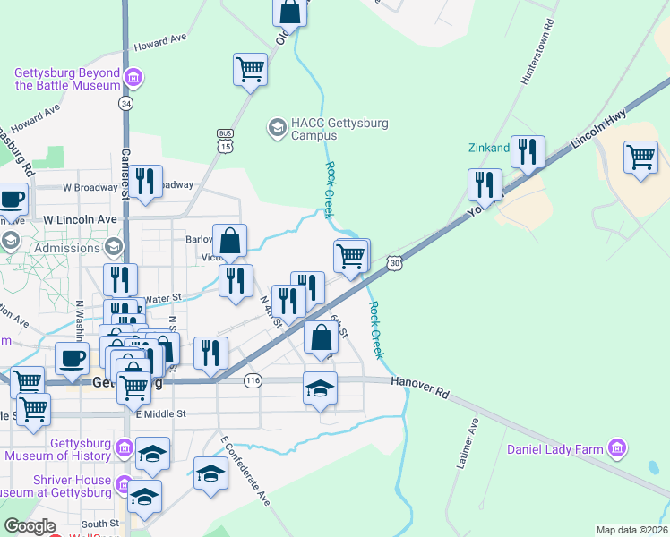 map of restaurants, bars, coffee shops, grocery stores, and more near 346 East Railroad Street in Gettysburg