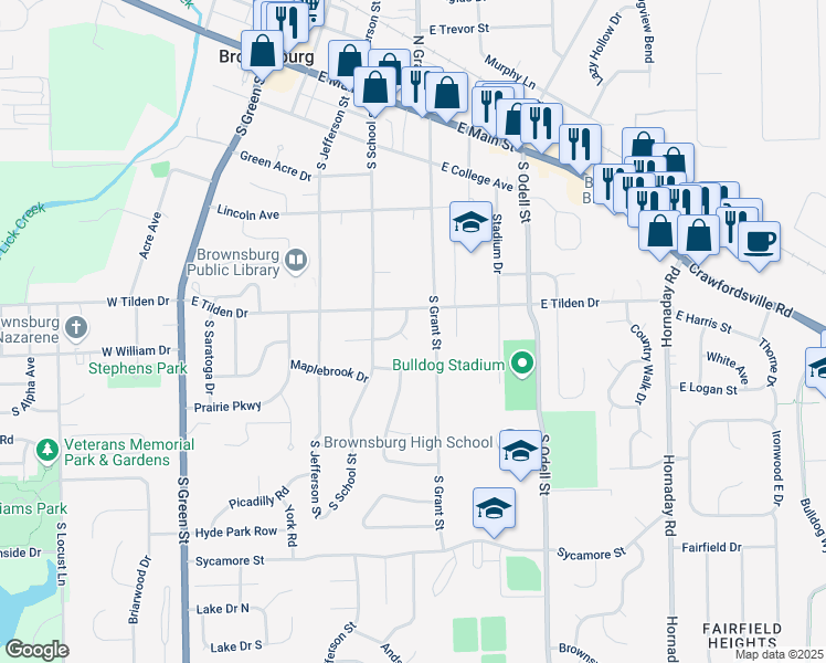 map of restaurants, bars, coffee shops, grocery stores, and more near 215 Gordon Court in Brownsburg