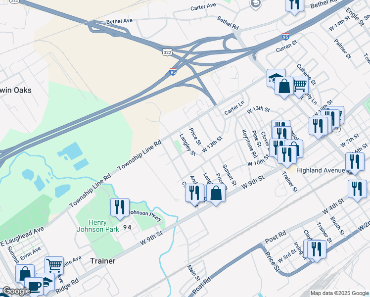map of restaurants, bars, coffee shops, grocery stores, and more near 1336 Langley Street in Trainer