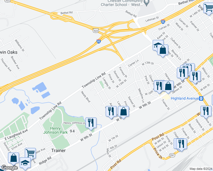 map of restaurants, bars, coffee shops, grocery stores, and more near 1336 Langley Street in Trainer