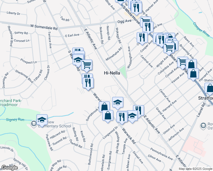 map of restaurants, bars, coffee shops, grocery stores, and more near 141 Dobbs Drive in Hi-Nella