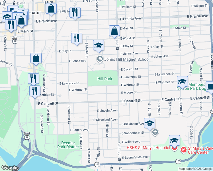 map of restaurants, bars, coffee shops, grocery stores, and more near 1100 East Whitmer Street in Decatur