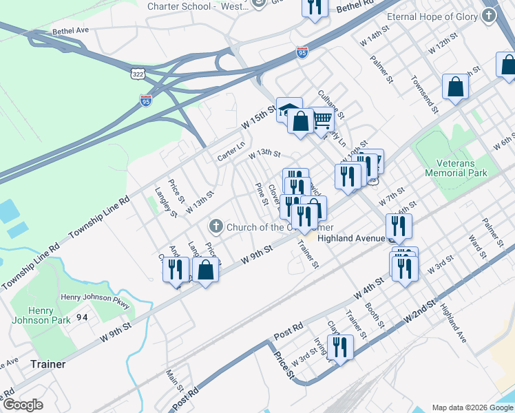 map of restaurants, bars, coffee shops, grocery stores, and more near 1156 Keystone Road in Chester
