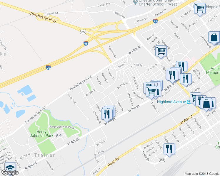 map of restaurants, bars, coffee shops, grocery stores, and more near 3601 West 13th Street in Trainer
