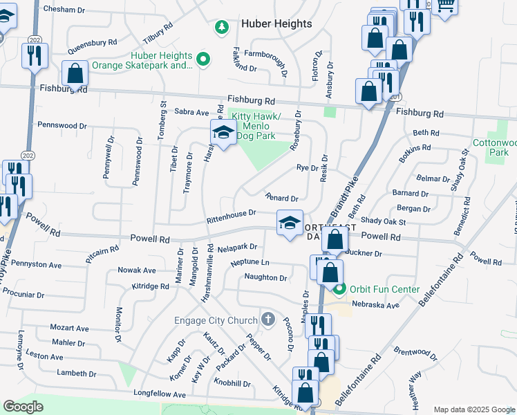 map of restaurants, bars, coffee shops, grocery stores, and more near 4970 Rye Drive in Dayton