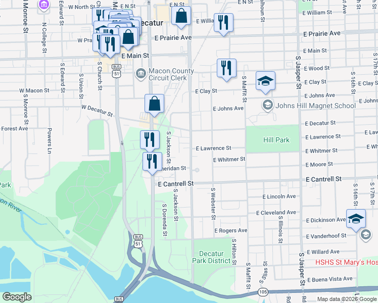 map of restaurants, bars, coffee shops, grocery stores, and more near 613 South Martin Luther King Junior Drive in Decatur