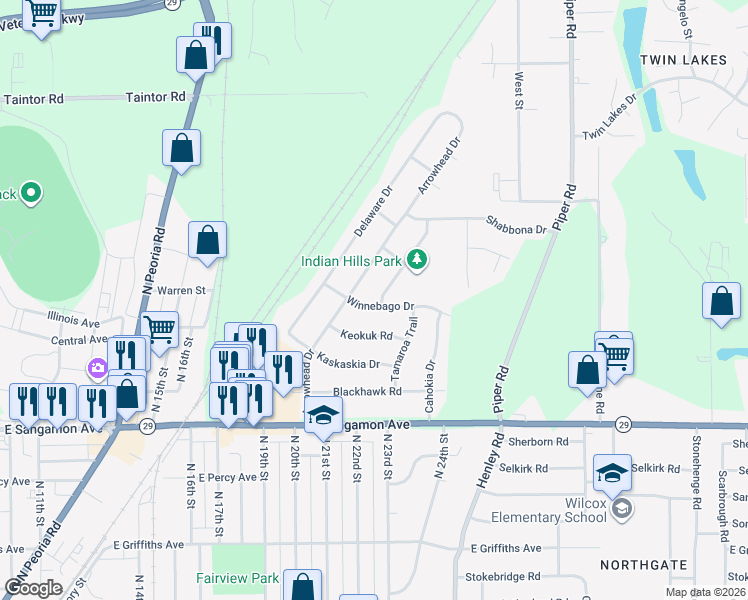 map of restaurants, bars, coffee shops, grocery stores, and more near 2505 Miami Trail in Springfield