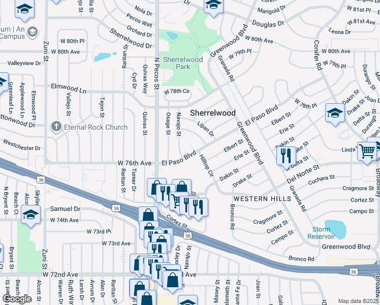 map of restaurants, bars, coffee shops, grocery stores, and more near 7656 El Paso Circle in Denver