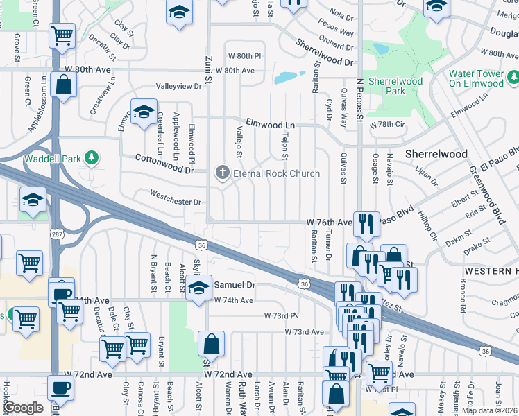 map of restaurants, bars, coffee shops, grocery stores, and more near 7657 Umatilla Street in Denver