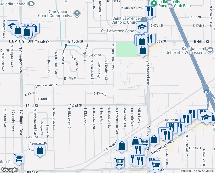 map of restaurants, bars, coffee shops, grocery stores, and more near 4313 North Elizabeth Street in Indianapolis