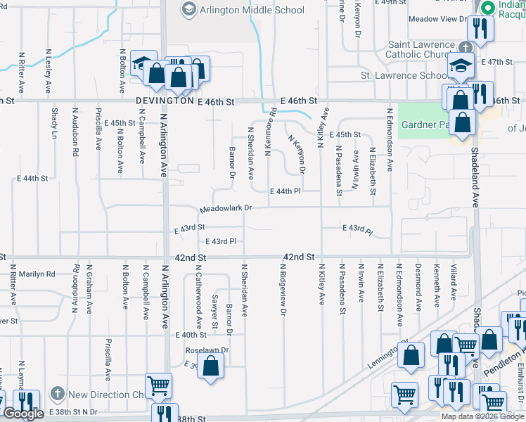 map of restaurants, bars, coffee shops, grocery stores, and more near 6214 Meadowlark Drive in Indianapolis