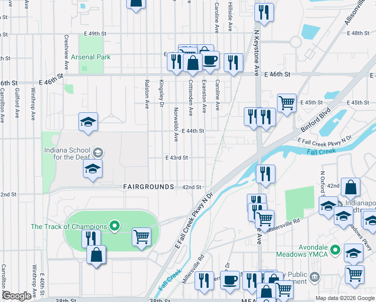 map of restaurants, bars, coffee shops, grocery stores, and more near 4323 Norwaldo Avenue in Indianapolis
